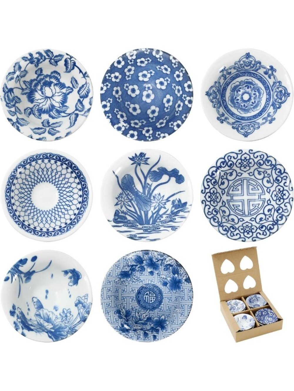 8Pcs Vintage Floral Ceramic Bowls Set - Chinoiserie Mini Dipping & Serving Bowls - Picture 1 of 7